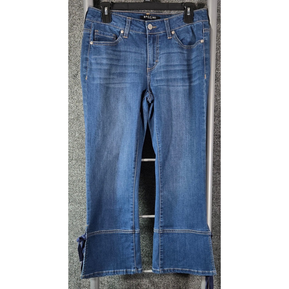 Baccini Womens Side Tie Ribbon Cuff Cropped Jeans Medium Wash Blue Size 4 28x25